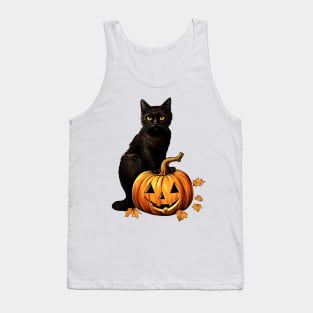 Black Cat Sitting On Halloween Pumpkin Tank Top